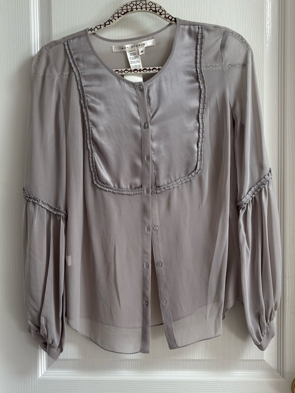 Max Studio Light Gray SILK Tuxedo Button-Front Blouse (NWT)